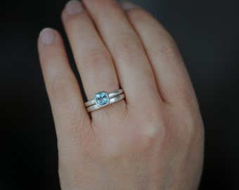Cushion Cut Aquamarine Wedding Set in Silver, Gift For Her, Blue Gem Engagement Ring