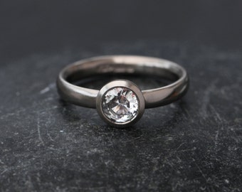 White Sapphire Engagement Ring in 18K White Gold, Brilliant Cut Sapphire Ring Handmade