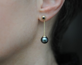 Black Pearl Dangle Earrings in 18K Gold, Gift For Her Pearl Earrings