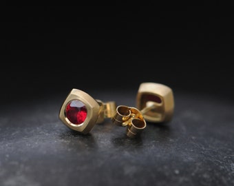 Ruby Stud Earrings in 18K Gold - Cushion Studs Ruby Earrings