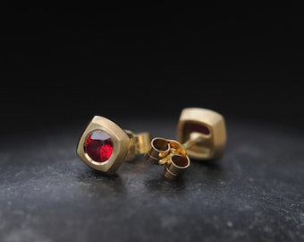 Ruby Stud Earrings in 18K Gold - Cushion Studs Ruby Earrings