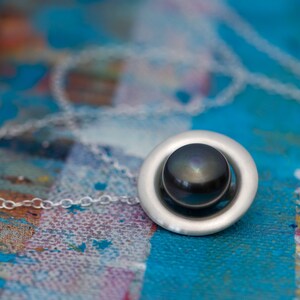 Black Pearl Necklace in Silver, Gift For Her, Tahitian Black Pearl Halo Pendant image 4