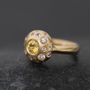Yellow Sapphire Cluster Ring in 18K Gold, Yellow Gem Engagement Ring