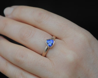 Tanzanite Trillion Ring in 18K Rose Gold Ready to Ship Size 8.25