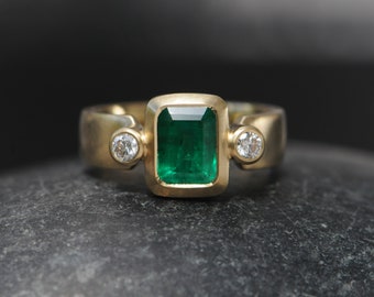 Emerald Engagement Ring - Chunky Emerald Ring with Diamonds in 18K yellow Gold