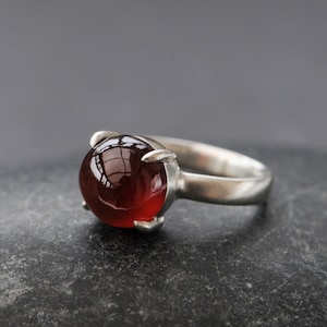 Red Hessonite Garnet Ring, Cabochon Garnet Ring in Sterling Silver