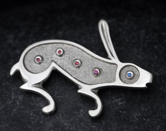 Silver Rabbit Brooch with Rubies and Sapphire, Ruby Rabbit Brooch, Gift Ideas