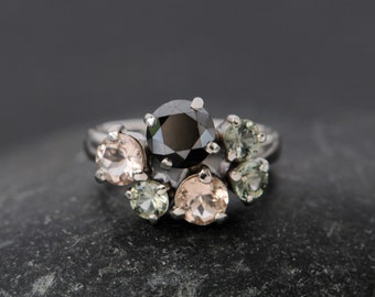18K Gold Diamond and Sapphire Engagement Ring, Black Diamond Cluster Ring