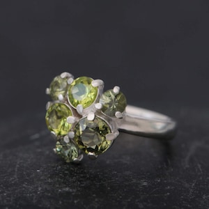 Green Tourmaline Ring in Silver, Green Gemstone Cluster Ring, Gift For Her