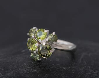 Green Gemstone Cluster Ring in Silver, Tourmaline Ring With Peridot & Sapphires