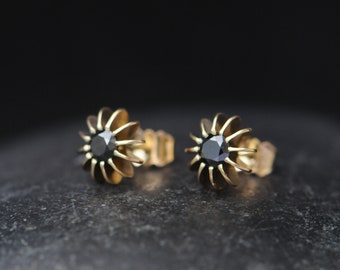 Black Diamond Stud Earrings in 18K Gold, Gift For Her Diamond Sea Urchin Earrings