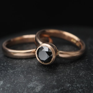 Black Diamond Wedding Set in 18K Gold, Gift For Her Diamond Engagement Ring