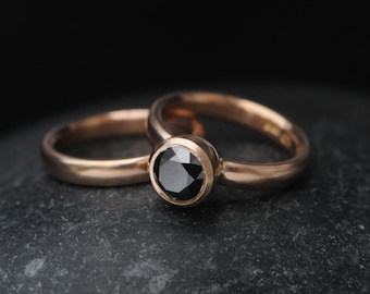 Black Diamond Wedding Set in 18K Gold, Gift For Her Diamond Engagement Ring