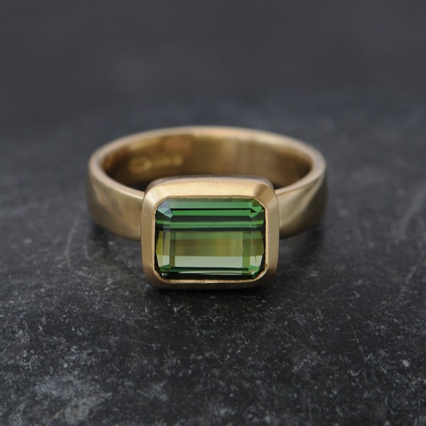 Green Tourmaline Chunky Gold Ring, Emerald Cut Tourmaline in 18k Gold