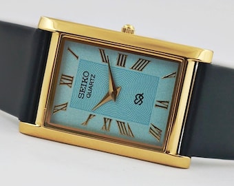 Vintage Seiko Slim Tank Quartz Japan Men's Wrist Watch Blue Roman Dial Gift for him for her 400-06