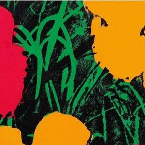 May include: A poster for a Warhol exhibition at the Tate Gallery in London, featuring bold colors and graphic floral shapes. The text reads "WARHOL" and "exposition du 3 au 28 F&eacute;vrier."
