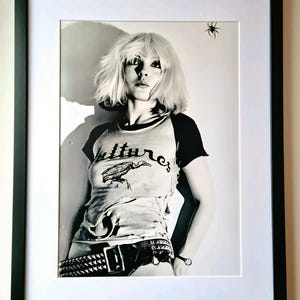 Puede incluir: Impresión enmarcada en blanco y negro que presenta un retrato de una persona con cabello rubio. La persona lleva una camiseta con la palabra "Vultures" y un gráfico. Un gráfico de araña negra está en la esquina superior derecha.