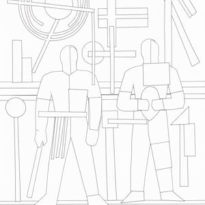 May include: Black and white abstract art print featuring two stylized figures with geometric shapes. The artwork includes circular and linear elements, creating a modern, architectural composition. The figures are divided into two halves, adding a unique visual element.