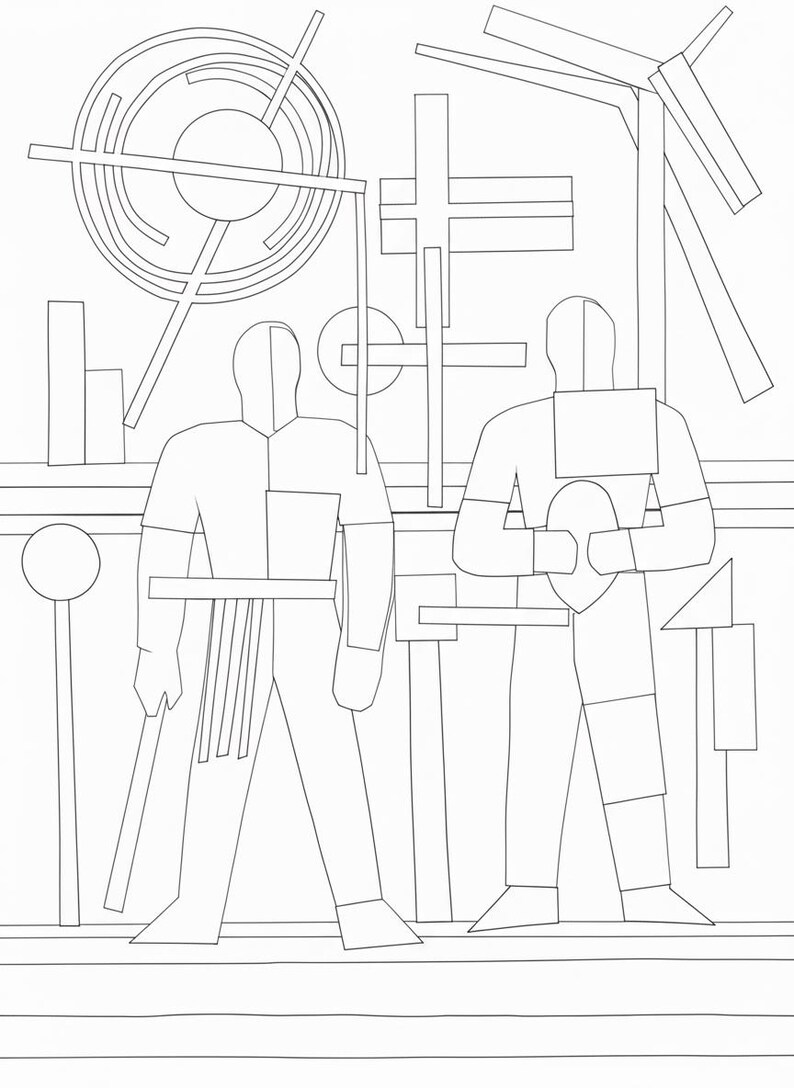 May include: Black and white abstract art print featuring two stylized figures with geometric shapes. The artwork includes circular and linear elements, creating a modern, architectural composition. The figures are divided into two halves, adding a unique visual element.