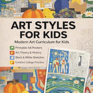 May include: A colorful book cover titled "ART STYLES FOR KIDS" with illustrations of art elements. The cover includes a trumpet, a blue vase, and a pumpkin. The book is a modern art curriculum for kids, including printable A4 posters, art theory, and black and white sketches.