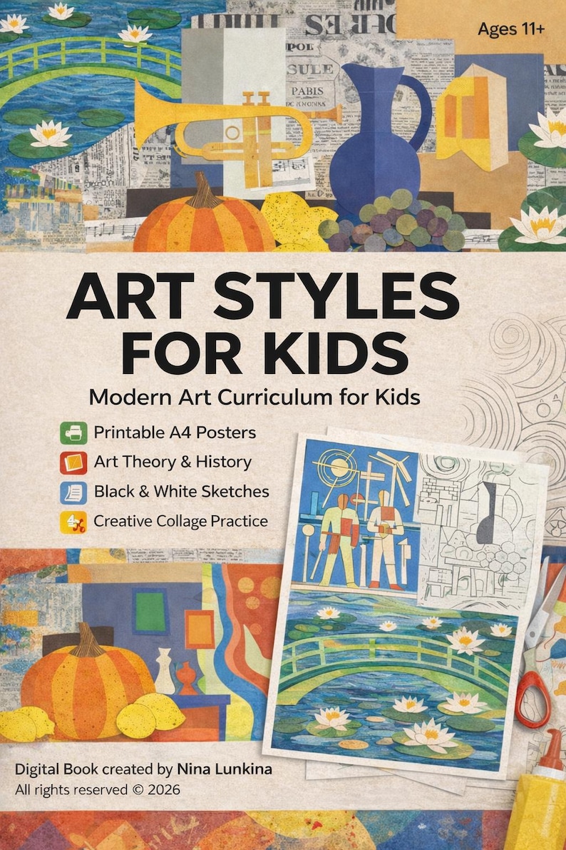 May include: A colorful book cover titled "ART STYLES FOR KIDS" with illustrations of art elements. The cover includes a trumpet, a blue vase, and a pumpkin. The book is a modern art curriculum for kids, including printable A4 posters, art theory, and black and white sketches.