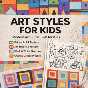 Peut inclure: Un livre numérique intitulé Art Styles for Kids présentant une illustration de paysage urbain géométrique coloré. La couverture inclut du texte, des icônes pour des affiches imprimables, théorie de l'art, croquis et collage, avec des feuilles et des ciseaux.