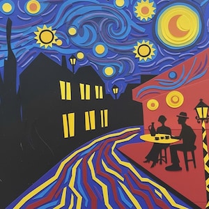 May include: A layered paper art piece depicting a night scene inspired by Van Gogh's "Starry Night." The artwork features a dark blue sky with swirling patterns, yellow stars, and a crescent moon. Silhouetted buildings and figures are set against a red cafe.