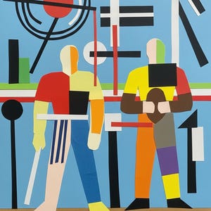 May include: Abstract art piece featuring two stylized figures against a light blue backdrop. The figures are composed of geometric shapes and bold colors like red, yellow, and blue. The artwork includes black lines and shapes.