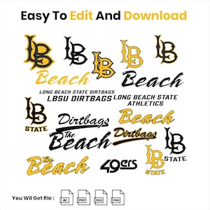 May include: A collection of logos and text elements in black and gold, including the words "Beach", "Dirtbags", and "49ers". The phrase "Easy To Edit And Download" is at the top, with file type icons at the bottom.