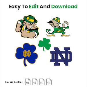 May include: A collection of Notre Dame-themed graphics, including two leprechaun mascots, a blue shamrock with a gold ND logo, a green shamrock, and a navy blue ND logo. The text "Easy To Edit And Download" is at the top.
