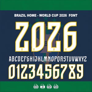 May include: A digital graphic featuring the text "BRAZIL HOME - WORLD CUP 2026 FONT." The numbers "2026" are displayed in a bold, white font with yellow accents. Below are the alphabet and numbers 0-9 in a similar style. The background is dark blue and green.