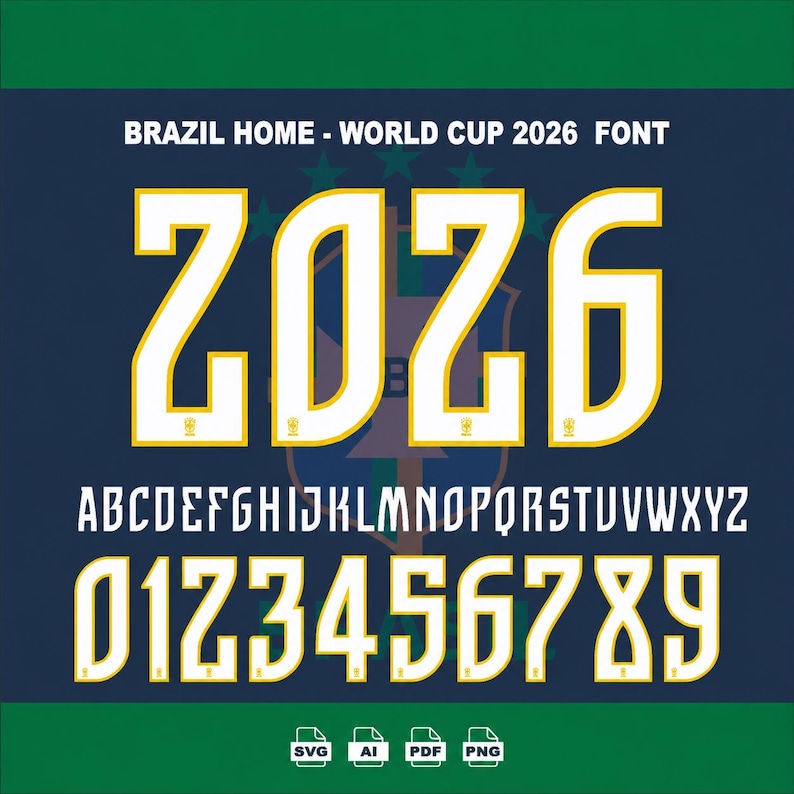 May include: A digital graphic featuring the text "BRAZIL HOME - WORLD CUP 2026 FONT." The numbers "2026" are displayed in a bold, white font with yellow accents. Below are the alphabet and numbers 0-9 in a similar style. The background is dark blue and green.