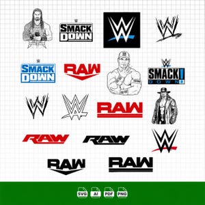 May include: A collection of digital graphic files featuring various WWE logos and illustrations of professional wrestlers including Roman Reigns, John Cena, and The Undertaker. The designs include text logos for SmackDown and RAW in black, blue, and red.