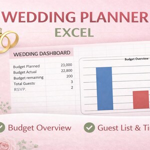 Könnte beinhalten: Eine rosa-weiße Grafik für einen Hochzeitsplaner in Excel. Der Text lautet "WEDDING PLANNER EXCEL". Das Bild enthält ein Hochzeits-Dashboard mit Budget- und Gästeinformationen, ein Budgetübersichtsdiagramm und einen Abschnitt für Gästeliste und Zeitplan.