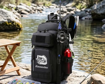 Personalized Fishing Backpack | Premium Tactical Tackle Bag with Rod Holder | Custom Angler Gift | Large Capacity Outdoor Hiking Daypack