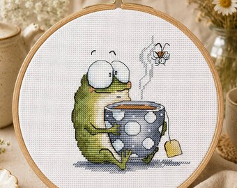 カエルのお茶会クロスステッチパターン、風変わりな動物刺繍（PDFダウンロード）