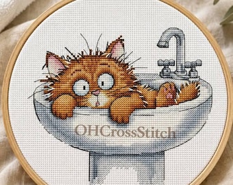 シンクにいる面白い猫のクロスステッチ図案、バスルームの動物刺繍図案（PDFダウンロード）