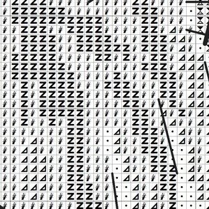 以下が含まれることがあります： グリッド上に印刷された白黒のクロスステッチパターン。文字のZ、ハッシュ記号、三角形、ドットなどの繰り返し記号が特徴で、刺繍デザインのガイドとして列と行に整理されています。