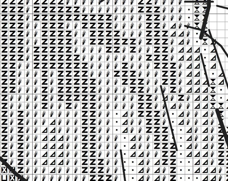 以下が含まれることがあります： グリッド上に印刷された白黒のクロスステッチパターン。文字のZ、ハッシュ記号、三角形、ドットなどの繰り返し記号が特徴で、刺繍デザインのガイドとして列と行に整理されています。