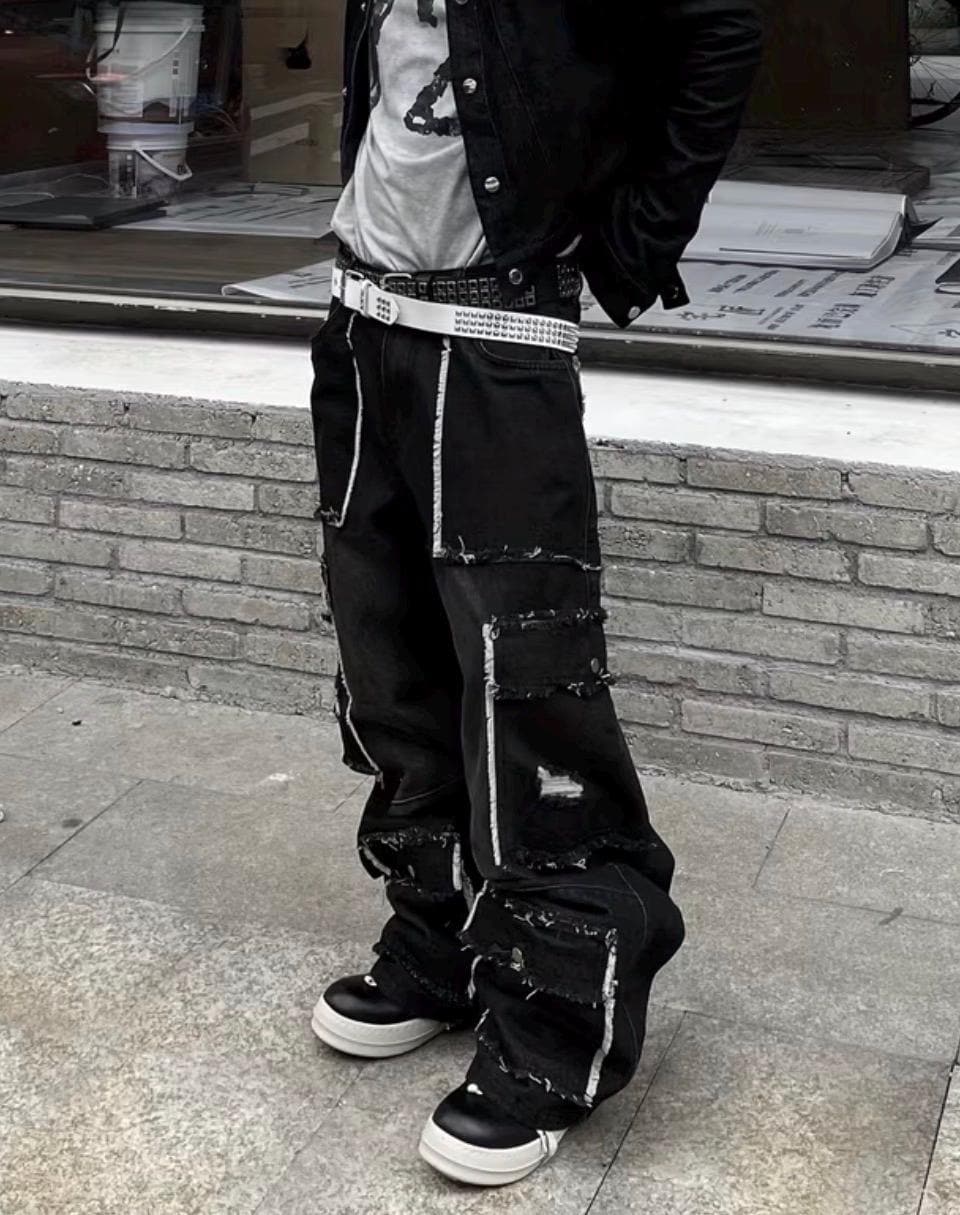 Y2K Cyber-goth Deconstructed Baggy Jeans – Black Multi-pocket