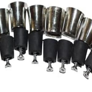 May include: A selection of silver wine bottle stoppers with black rubber bases. The stoppers have a flared, conical design and a screw at the base for insertion into the bottle.
