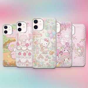 May include: Five clear phone cases with colorful cartoon designs. The cases feature characters, mushrooms, and other whimsical elements in shades of pink, green, and yellow. The cases are arranged in a row, showcasing the variety of designs.