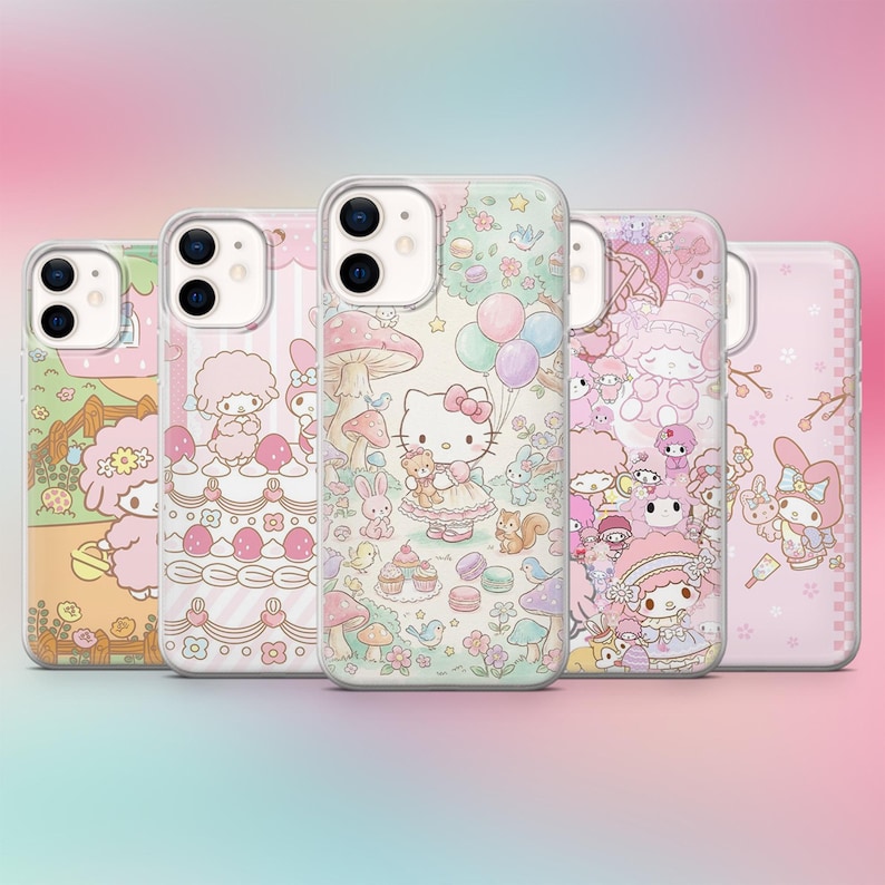 May include: Five clear phone cases with colorful cartoon designs. The cases feature characters, mushrooms, and other whimsical elements in shades of pink, green, and yellow. The cases are arranged in a row, showcasing the variety of designs.
