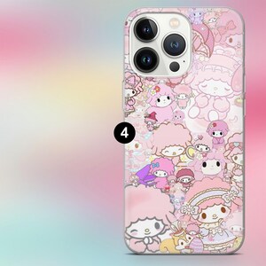 May include: A pink phone case featuring a repeating pattern of cartoon characters in various poses. The case has a glossy finish and a camera cutout. The characters are in shades of pink, white, and purple.