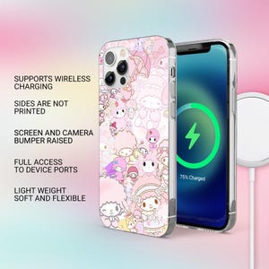 May include: Pink phone case with a repeating pattern of cartoon characters. The phone case is shown with a phone that is charging wirelessly. The text on the case says "Supports Wireless Charging", "Sides are not printed", "Screen and camera bumper raised", "Full access to device ports", and "Light weight soft and flexible".