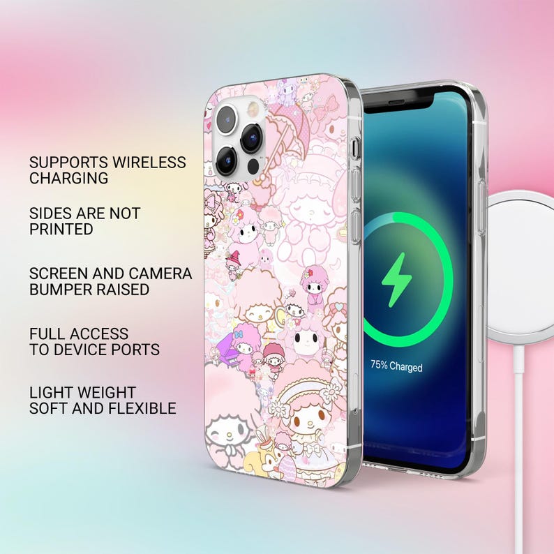 May include: Pink phone case with a repeating pattern of cartoon characters. The phone case is shown with a phone that is charging wirelessly. The text on the case says "Supports Wireless Charging", "Sides are not printed", "Screen and camera bumper raised", "Full access to device ports", and "Light weight soft and flexible".