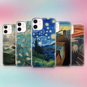 May include: A selection of phone cases displaying famous artworks. The cases feature iconic paintings such as Van Gogh's "Starry Night" and Edvard Munch's "The Scream." Each case has a clear border, protecting the phone while displaying the art.