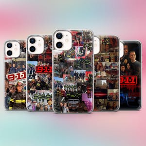 May include: A collection of clear phone cases featuring collages of firefighters and the text "9-1-1" in red. The cases display images of firefighters in action, with a pink and blue gradient background.