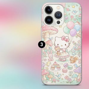 May include: A phone case featuring a whimsical illustration of a cartoon cat holding a teddy bear, surrounded by mushrooms, balloons, cupcakes, and other cute characters. The case has a light pink border and a colorful background.
