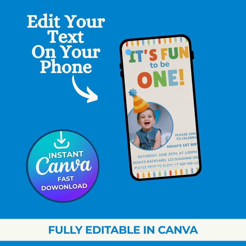 Its Fun To Be One First Birthday Invitation Template, Editable Template Canva, Colorful 1st Birthday, Colorful Invite Template, its fun to be one, colorful 1st bday, 1st birthday son, classic 1st birthday, colorful invite, first birthday boy, 1st birthday invite, fun to be one invite, one is fun invite, colorful birthday, editable template, fun 2 be one invite, fun to be one